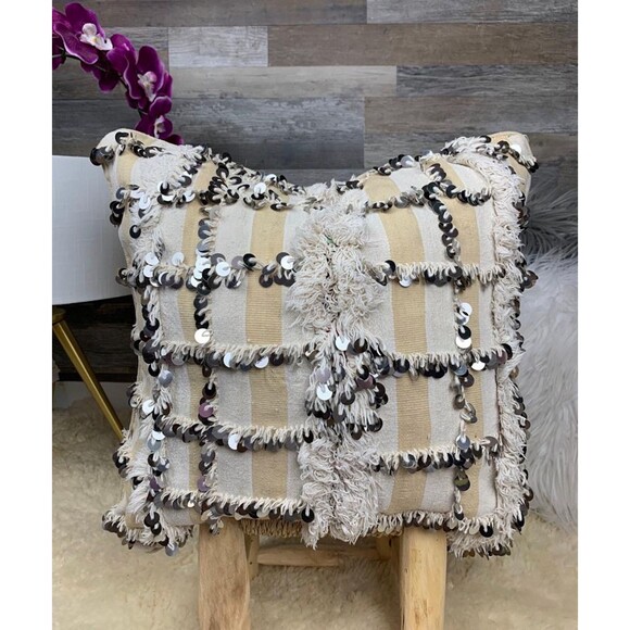 Vintage Moroccan Wedding Blanket Pillow, Sequined Handira Cushion 03YS00937 - Picture 1 of 10
